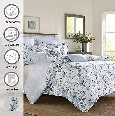 LAURA ASHLEY Chloe Blue 3P QUEEN DUVET SET Reversible Comforter Cover Floral NEW • $109