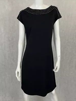Spence Women's Dress Size 8 Black  Embellished Sheath Jersey Knit Sleeveless • $8.99