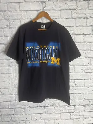 Vintage Starter 1990's Michigan Wolverines Logo Large Blue NCAA T-Shirt • $26.95