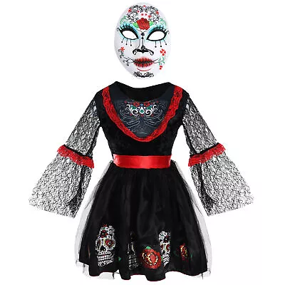 Girls Day Of The Dead Costume Halloween Fancy Dress Girls Outfit With Mask • £18.99