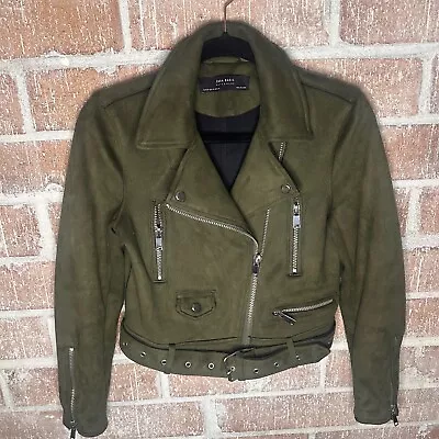 ZARA Outwear Olive Green Faux Suede Belted Moto Biker Jacket Women's Size S EUC • $22