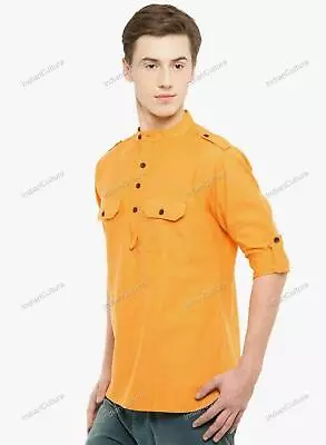 Mens Kurta Indian Clothing Fashion Shirt Mens Short Kurta Cotton India Dress • £17.45