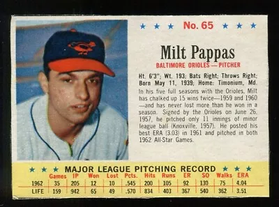 1963 Post #65 Milt Pappas Baltimore Orioles EX • $2