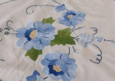 $52.79 • Buy Vintage Summer Banquet Tablecloth Blue Applique Embroidery Rose Floral 98 