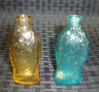 2 Vintage 3  WHEATON BITTERS GLASS FISH BOTTLES - Aqua & Yellow/Light Amber • $13