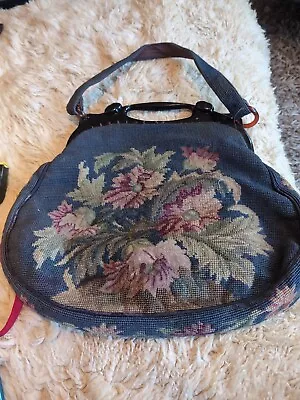 VINTAGE Wool Cross Stitch Tapestry Needlepoint Floral Handbag Bakelite Handle • $49.99