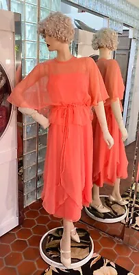 VTG 60s Dress Gown Miss Elliette Orange Shear Peplum 70s Midi Prom Formal Med • $49.99