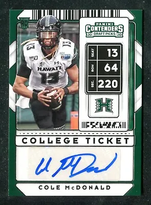 2020 Contenders Draft Picks Autograph Cole McDonald RC Hawaii Rainbow Warriors • $5.50