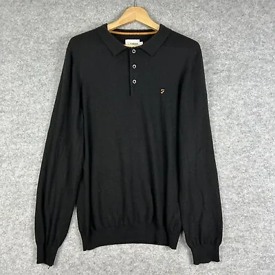 Farah Long Sleeve Polo Shirt Mens Large Black Jumper Wool Blend Slim Stretch • £15.40