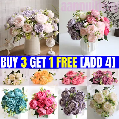 9 Heads Artificial Flowers Silk Peony Bouquet Fake Rose Wedding Home Party Decor • £5.99