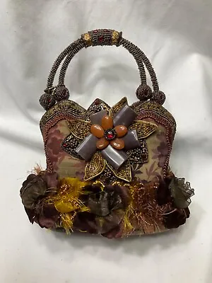 $140 • Buy Mary Frances Plum/taupe Floral Theme Satin Print Beaded Unique Shape Handbag