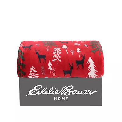 Eddie Bauer Deer Woods Plush-Fleece Red Print Throw Blanket-50X60 • $24.99