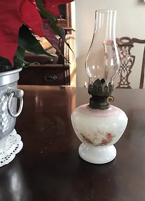 Antique Miniature Oil Lamp Milk Glass Painted Angel And Roses 15.5  • $65