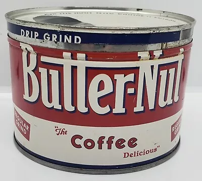 Vintage BUTTER-NUT COFFEE Tin Can 1lb One Pound Drip Grind W/ Metal Lid • $20