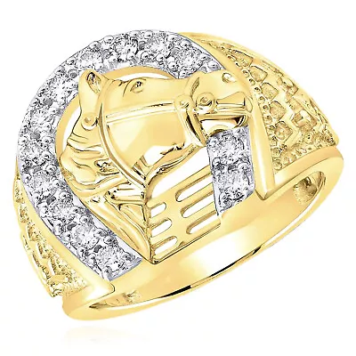 0.53CTW Natural Diamond 10k Yellow Gold Horseshoe Horse Signet Ring • $1408.72