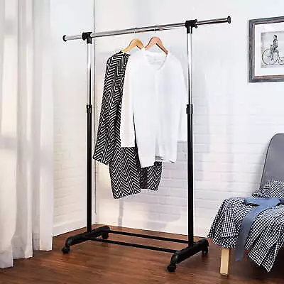 Steel Adjustable Height And Width Rolling Metal Clothes Rack Black/Silver • $20.65