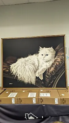 Vintage Signed Letterman Oil Painting White Persian  The Resting Cat  60  X 48  • $799