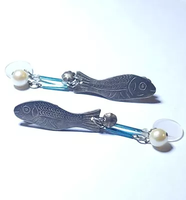 Fish Clip On Earrings Beaded Dangle Unique Beach Ocean Funky Rare Hammered Metal • $18