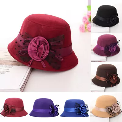 Retro Women Wool Felt Bucket Cap Ladies Flower Cloche Church Bowler Hat Winter • $8.79