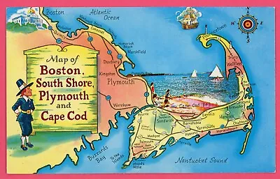 Boston South Shore Plymouth Cape Cod Map Postcard Pilgrim Ship • $5.50