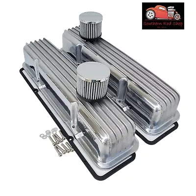 Small Block Chevy Polished Aluminum Finned Tall Valve Covers SBC 350 Breathers • $129.95