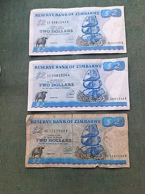 3 X Circulated Reserve Bank Of Zimbabwe $2 Notes • £3