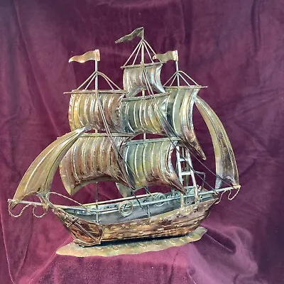Vintage Tin Metal 3 Mast Sailing Ship-Hong Kong-Nautical Decor Rustic Gold Tone • $23.99