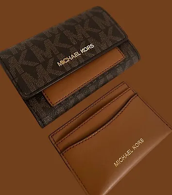 $128 New MICHAEL KORS JET SET MD TRIFOLD BRN / LUGGAGE MK LOGO 2 In 1 Wallet • $76