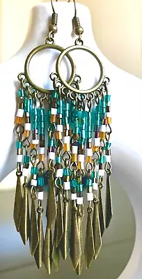 Boho Vintage Gold Teal Orange Luster Beads Dagger Charms Tassels Dangle Earrings • $7.99