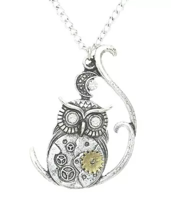 Steampunk Antique Silver Rhinestone Owl Moon Pendant Necklace~gears~cogs~ (18f) • £3.95