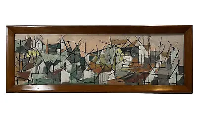 Abstract Geometric Mid Century Modernist Hill Landscape Vintage Oil Painting • $790