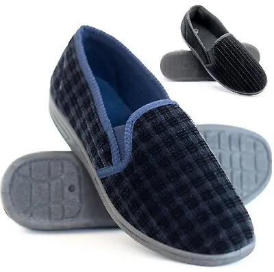 Mens Gents Slip On Black Indoor Easy Fitting Hard Sole Comfy Slippers Shoes Size • £7.99