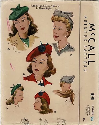 BERETS Hat TAM Fascinator Adjustable 3 Styles McCall 1081 VTG 1943 Sew Pattern • $6.50