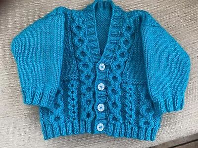 Hand Knitted Baby Boys Blue Cardigan. 0-6mths • £5