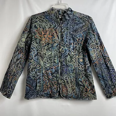 CHICOS 1 Denim Jacket Beaded Sequin Paisley Button Loops Medium Mandarin Collar • $20.83