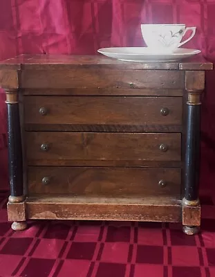 Vintage Miniature Wood Dresser- Black Columns 3 Drawers Brass-Unusual & Cool! • $175