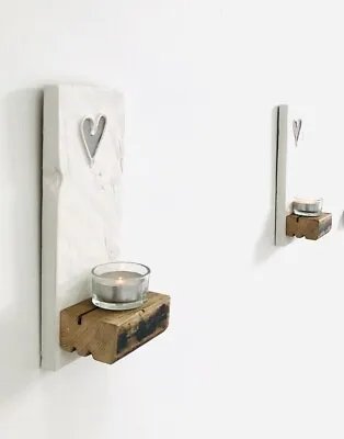 2 Shabby Chic Wall Sconces Wooden Candle Holders Tea Light Holder • £26.99