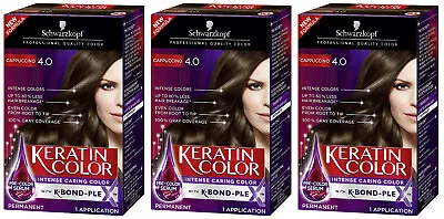 $30.99 • Buy Lot Of 3 Schwarzkopf Keratin Color Permanent Hair Color Cappuccino 4.0 K Bond