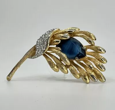 Vintage Schiaparelli Floral Spray Brooch Brushed Gold Pave Blue Stone Signed • $399