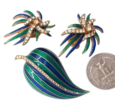 Vintage CINER Signed Enameled Cobalt & Emerald Green Brooch & Earring Set • $223.87