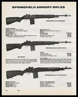 1991 SPRINGFIELD ARMORY M1A Standard And Match M1A-A1 Bush Rifle PRINT AD • $12.98