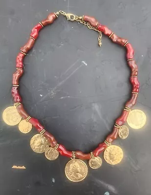 Vtg Stone Coral Faux Gold Coin Necklace Alexander The Great French Europe • $39.95