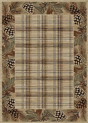 Pembroke Plaid Area Rug Runner Lodge Cabin Open Pine Cone Border Antique Beige • $39.99