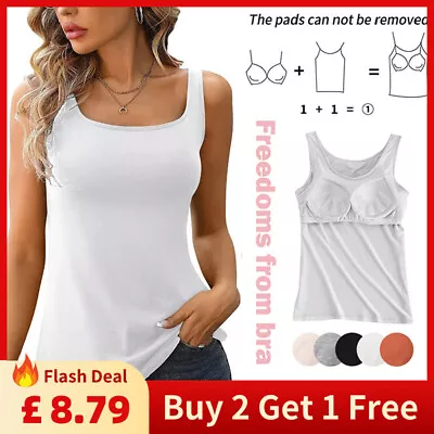 Womens Padded Cami Tank Vest Tops With Built In Bra Camisole Underwear Camisole • £8.79