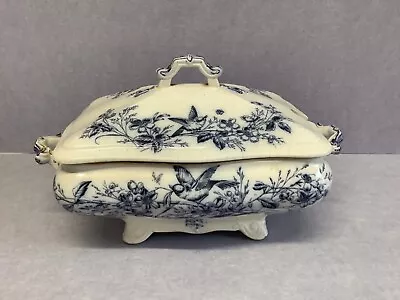 £50 • Buy Victorian Blue Transfer Ware Dish With Lid Indigo Blue Bird Pattern T8563