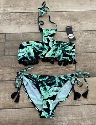 Bnwt Boohoo Bikini Set Size 10 Tropical Leaf Tassel Bandeau Padded  • £14