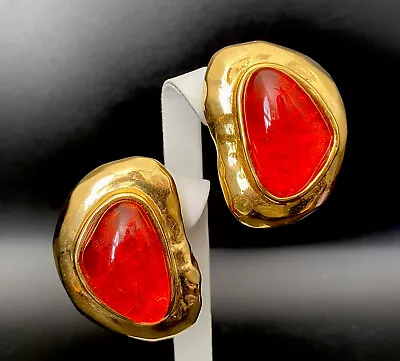 Vintage LES BERNARD Red Gripoix Jelly Runway Designer Cip Earrings Gold Plated • $124.95