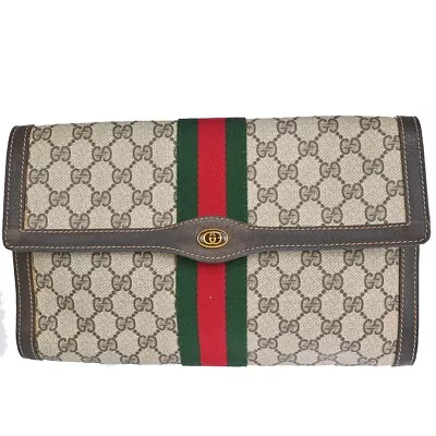 GUCCI Logo GG Pattern Sherry Clutch Hand Bag PVC Leather Brown Italy 69EA706 • $218