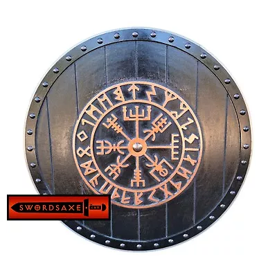 Viking Runes Helm Of Awe Aegishjalmur Norse Carved Wooden Round Shield Copper • $99.99