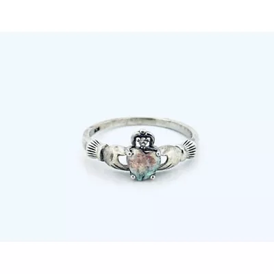 Vintage Estate Sterling Silver Claddagh Ring W/ Opal Heart Cubic Zirconia Crown • $25